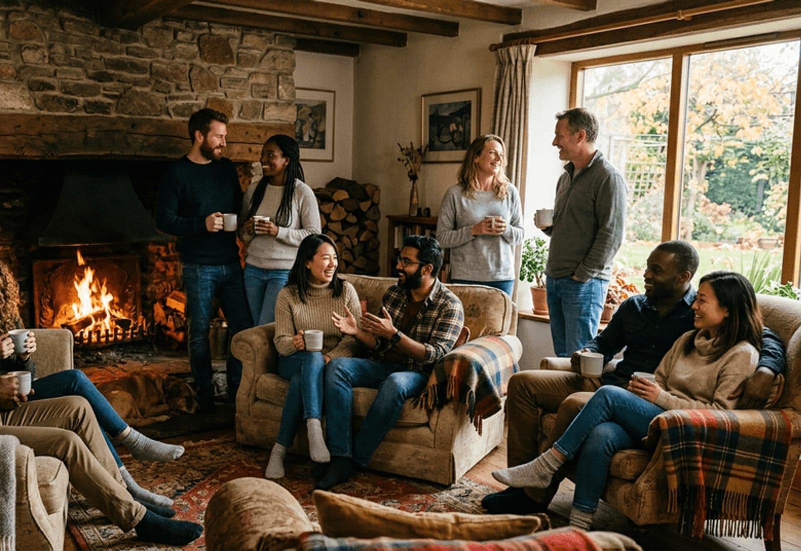 Small, diverse group of friends sharing coffee by a fireplace in a warm living room