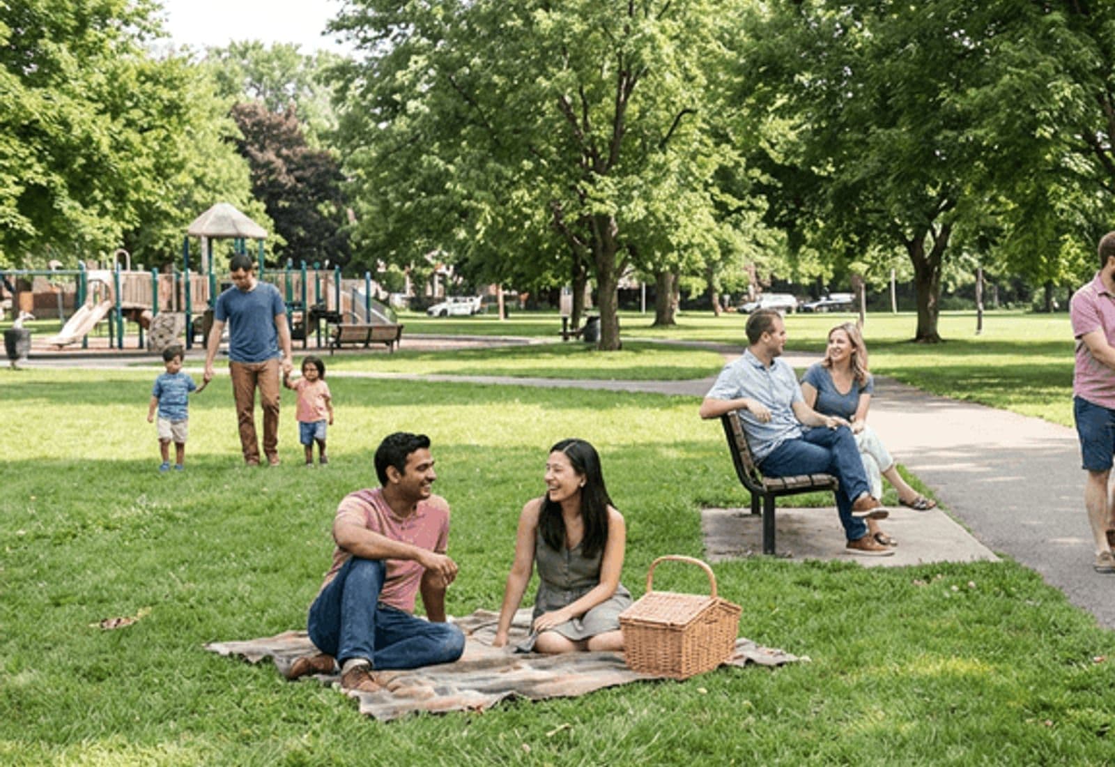 A couple sitting on a picnic blanket in a sunlit park, families nearby