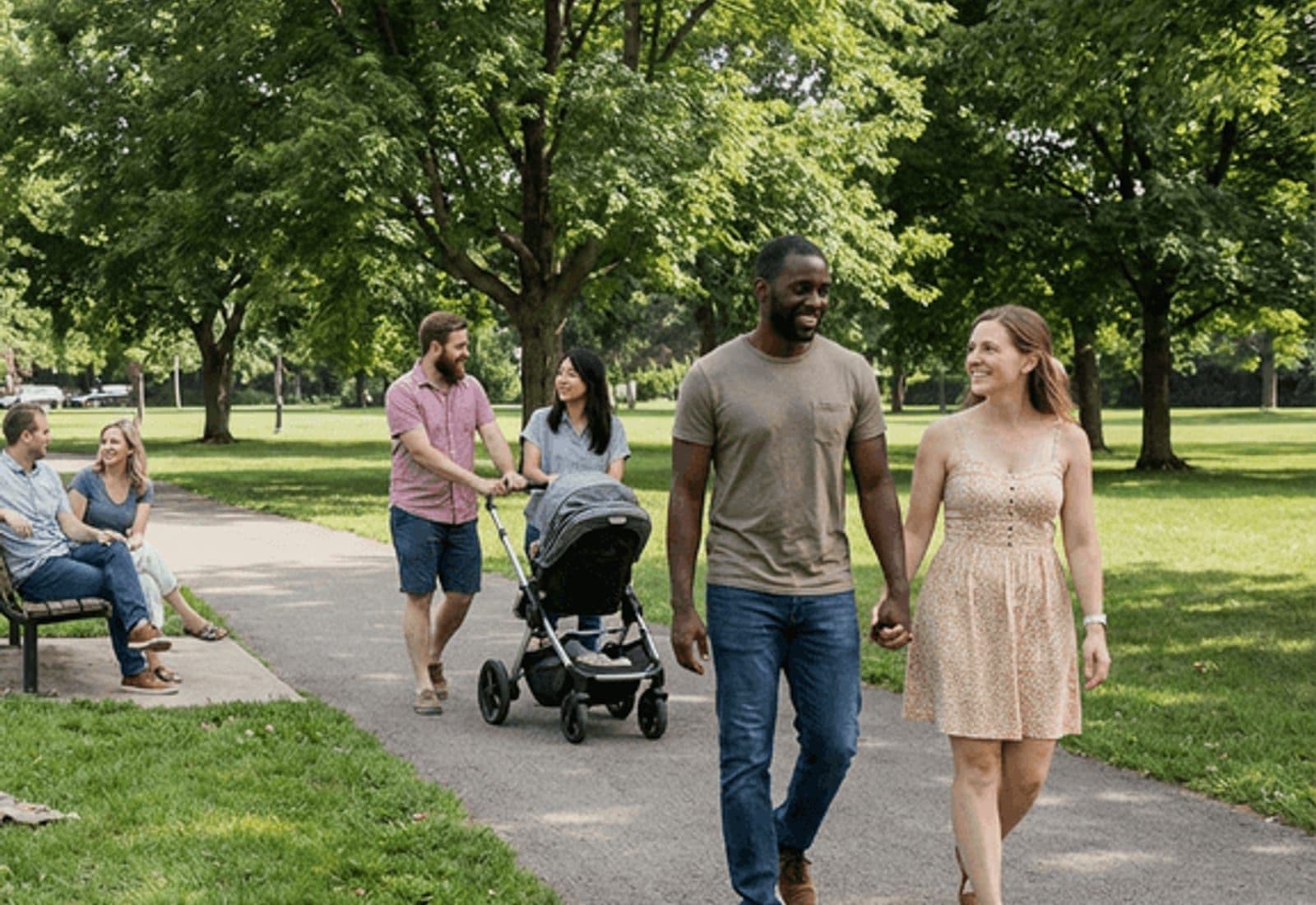 A couple walking hand in hand along a tree-lined park path, another family nearby