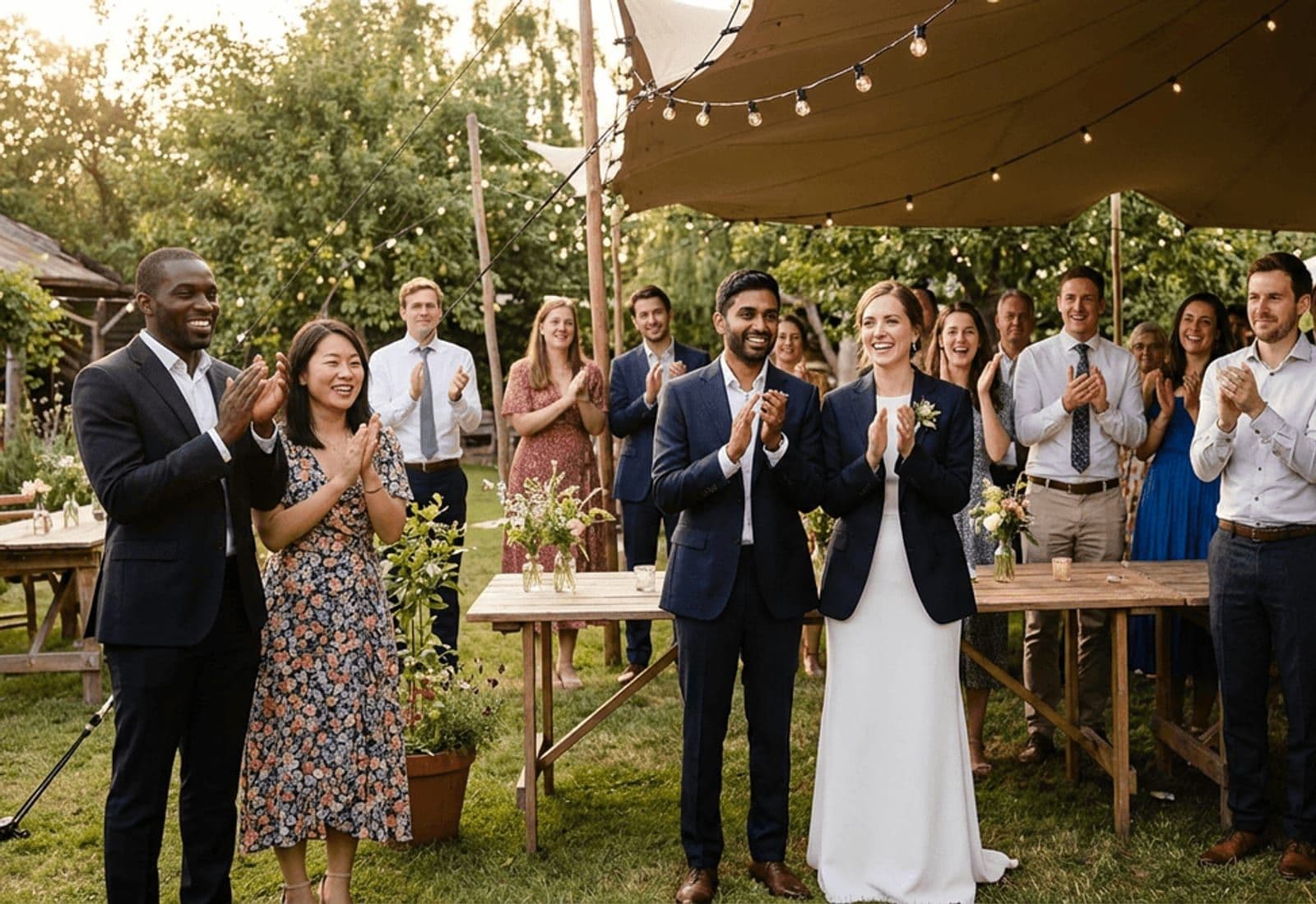 An outdoor wedding reception — the couple and their guests applauding at golden hour